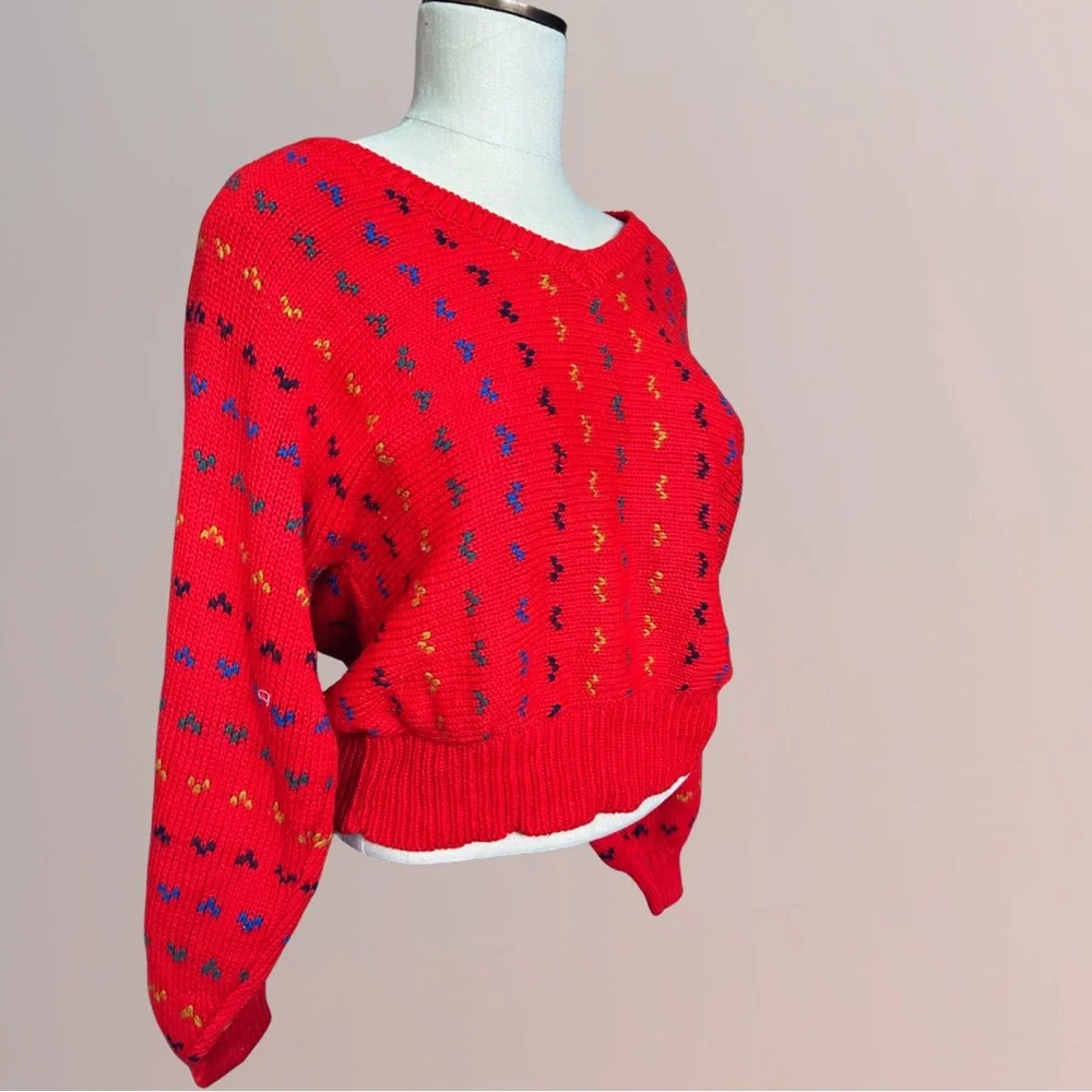 VINTAGE 80s Red Knit Dolman Sweater - Picture 2 of 5